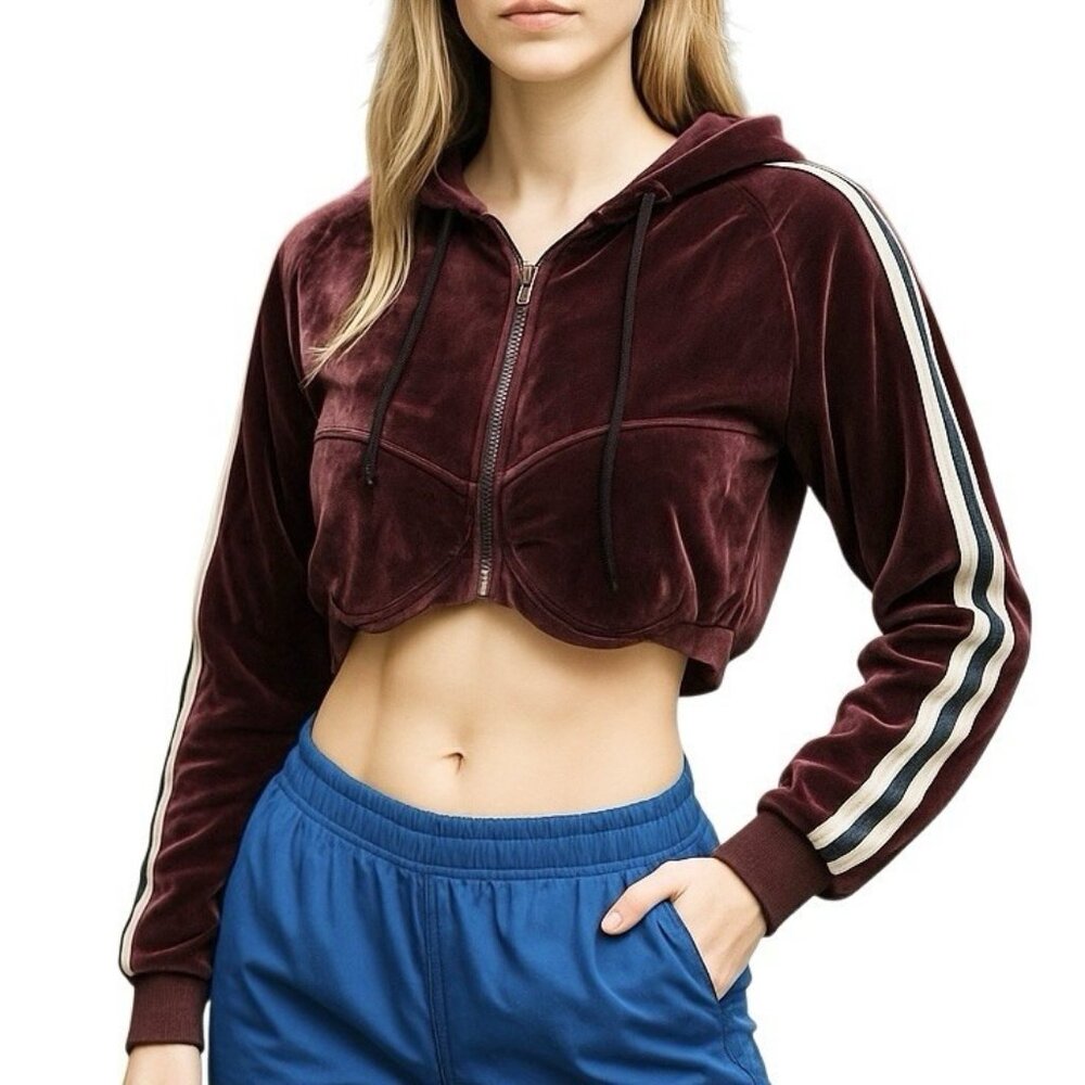 VER LUISANT Cropped Track Jacket Size XL Juniors Velour Underwire Racing Stripe